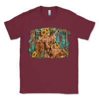 Burgundy highland cow family cattle and calf with sunflower and turquoise backg Classic Tee - RanaPortraitStore