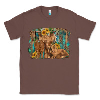 Chestnut highland cow family cattle and calf with sunflower and turquoise backg Classic Tee - RanaPortraitStore