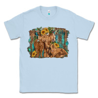 Dusty Blue highland cow family cattle and calf with sunflower and turquoise backg Classic Tee - RanaPortraitStore