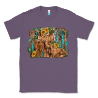 Lavender highland cow family cattle and calf with sunflower and turquoise backg Classic Tee - RanaPortraitStore