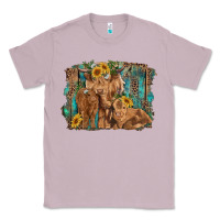 Lilac highland cow family cattle and calf with sunflower and turquoise backg Classic Tee - RanaPortraitStore