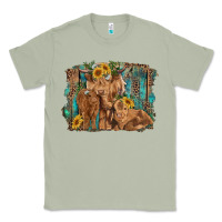 Matcha highland cow family cattle and calf with sunflower and turquoise backg Classic Tee - RanaPortraitStore
