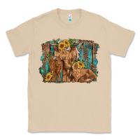 Mushroom highland cow family cattle and calf with sunflower and turquoise backg Classic Tee - RanaPortraitStore