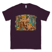 Plum highland cow family cattle and calf with sunflower and turquoise backg Classic Tee - RanaPortraitStore