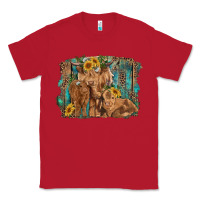 Red highland cow family cattle and calf with sunflower and turquoise backg Classic Tee - RanaPortraitStore