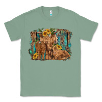 Sage highland cow family cattle and calf with sunflower and turquoise backg Classic Tee - RanaPortraitStore