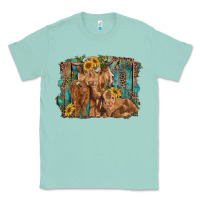 Seafoam highland cow family cattle and calf with sunflower and turquoise backg Classic Tee - RanaPortraitStore