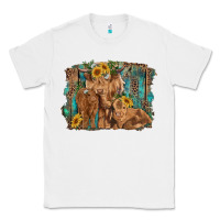 White highland cow family cattle and calf with sunflower and turquoise backg Classic Tee - RanaPortraitStore