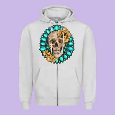 Skull With Gemstone And Sunflower Zipper Hoodie Designed By Ranaportraitstore