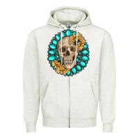 Oatmeal Heather skull with gemstone and sunflower Zipper Hoodie - RanaPortraitStore