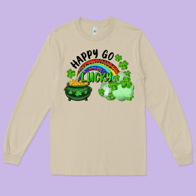 Long Sleeve Tee Happy Go Lucky Rainbow Shamrocks And Pot Of Gold