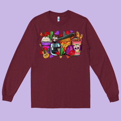 Day Of The Dead Coffee Cups Long Sleeve Tee Designed By Zillion Design Studio