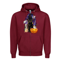 Burgundy Halloween Cat and Pumpkin Zipper Hoodie - texasbilliewilder