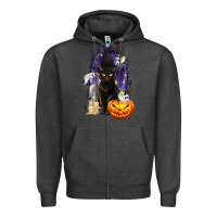 Charcoal Heather Halloween Cat and Pumpkin Zipper Hoodie - texasbilliewilder