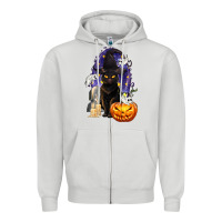 Dove Grey Halloween Cat and Pumpkin Zipper Hoodie - texasbilliewilder