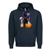 Navy Halloween Cat and Pumpkin Zipper Hoodie - texasbilliewilder