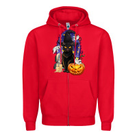 Red Halloween Cat and Pumpkin Zipper Hoodie - texasbilliewilder