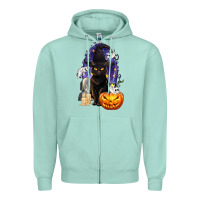 Seafoam Halloween Cat and Pumpkin Zipper Hoodie - texasbilliewilder