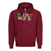 Burgundy Halloween Gnomes Coffee Cups Zipper Hoodie - texasbilliewilder