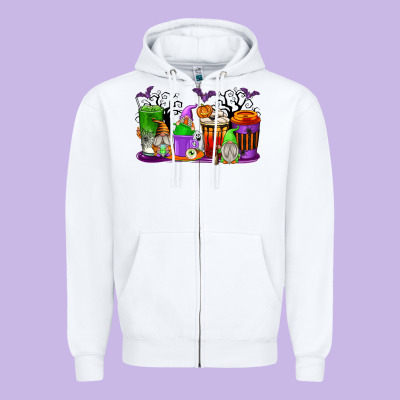 Halloween Gnomes Coffee Cups Zipper Hoodie Designed By Texasbilliewilder