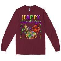 Burgundy Happy Mardi Gras Fleur De Lis King Cake Crawfish Long Sleeve Tee - RanaPortraitStore