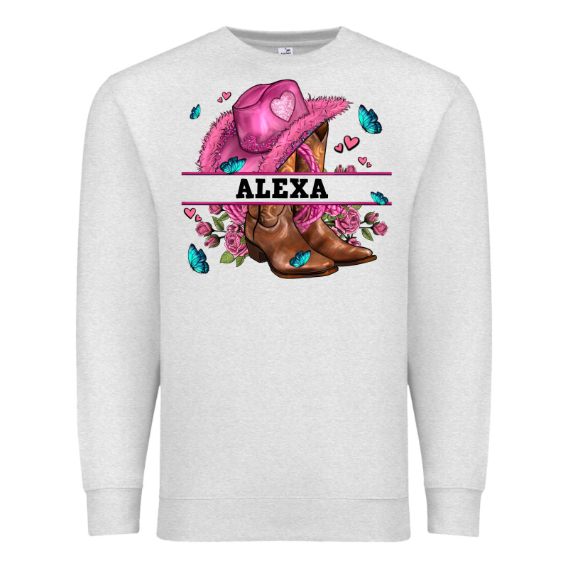 Pink Costom Name Cowgirl Hat And Roses Premium Sweatshirt by AdoDesignShop | Teevron