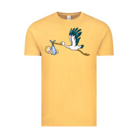 Vintage Mustard stork with baby boy Vintage Tee - BarkalooDesign