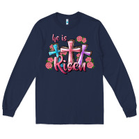 Navy He Is Risen Cross Long Sleeve Tee - RanaPortraitStore