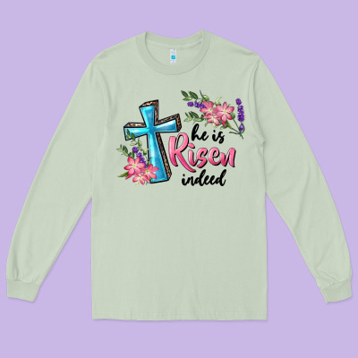 Long Sleeve Tee He Is Risen Indeed Cross And Flowers