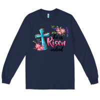 Navy He Is Risen Indeed Cross And Flowers Long Sleeve Tee - RanaPortraitStore