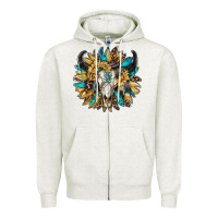 Oatmeal Heather bull skull with sunflower Zipper Hoodie - RanaPortraitStore