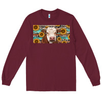 Burgundy Heifer With Sunflower And Serape Long Sleeve Tee - RanaPortraitStore