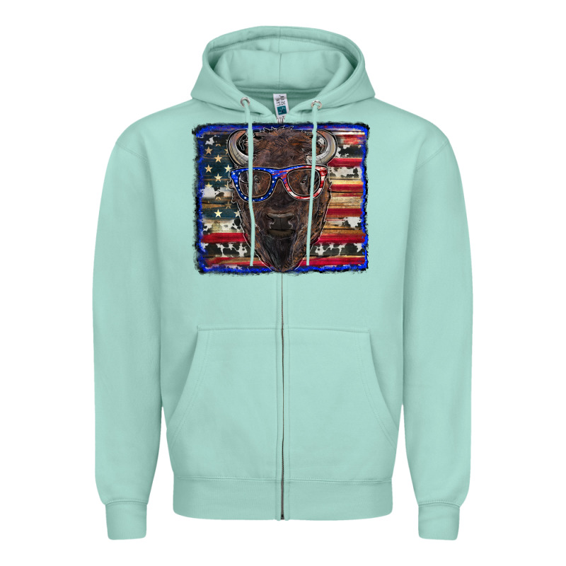 Bison With American Flag And Glasses Zipper Hoodie by RanaPortraitStore | Teevron