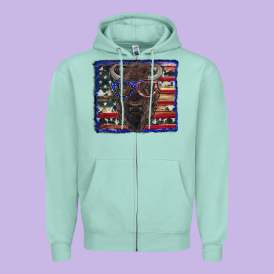 Bison With American Flag And Glasses Zipper Hoodie Designed By Ranaportraitstore