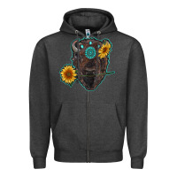 Charcoal Heather bison head with sunflowers and gemstone Zipper Hoodie - RanaPortraitStore