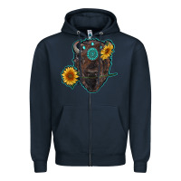 Navy bison head with sunflowers and gemstone Zipper Hoodie - RanaPortraitStore