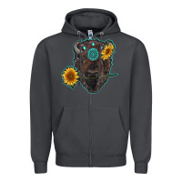Smoke bison head with sunflowers and gemstone Zipper Hoodie - RanaPortraitStore
