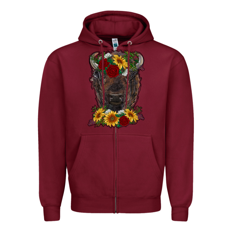 Bison Face With Flowers Zipper Hoodie by RanaPortraitStore | Teevron