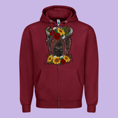 Bison Face With Flowers Zipper Hoodie Designed By Ranaportraitstore
