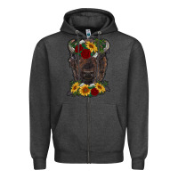 Charcoal Heather bison face with flowers Zipper Hoodie - RanaPortraitStore