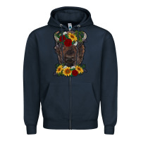 Navy bison face with flowers Zipper Hoodie - RanaPortraitStore