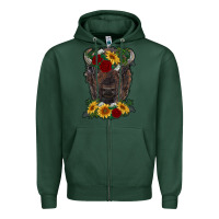 Sports Green bison face with flowers Zipper Hoodie - RanaPortraitStore