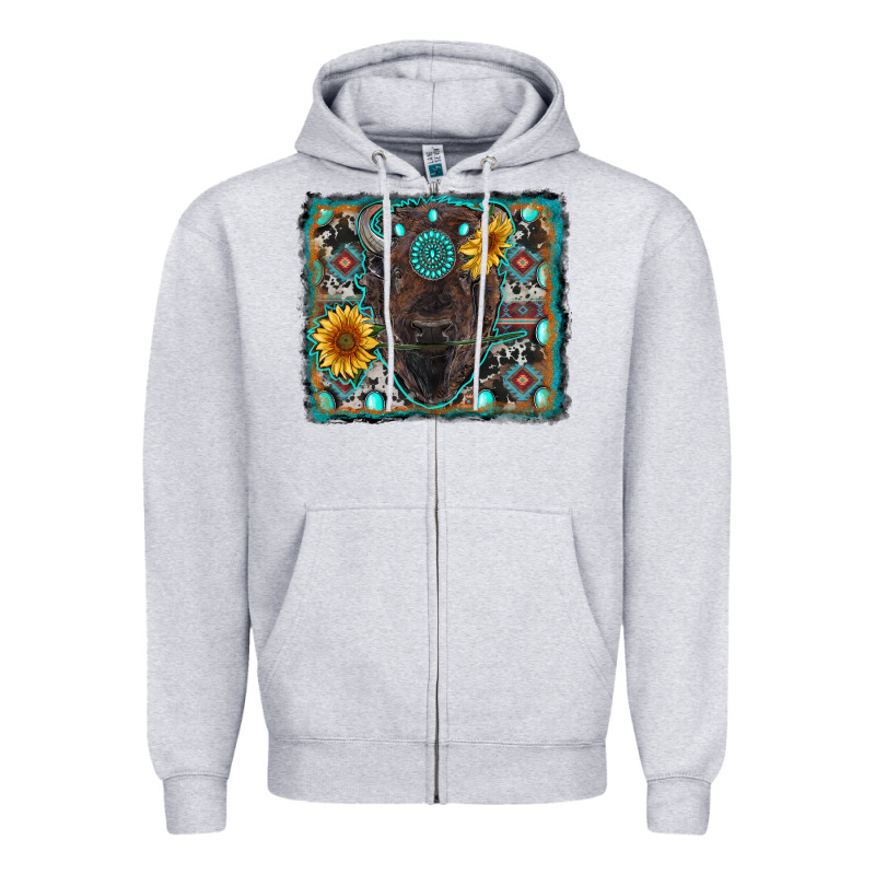 American Bison Wıth Sunflower And Gemstone Zipper Hoodie by RanaPortraitStore | Teevron