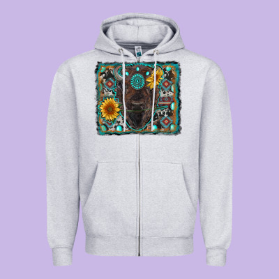 American Bison Wıth Sunflower And Gemstone Zipper Hoodie Designed By Ranaportraitstore