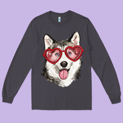 Long Sleeve Tee husky with love glasses