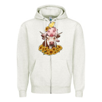 Oatmeal Heather cow with pig and chick Zipper Hoodie - RanaPortraitStore