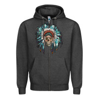 Charcoal Heather indian headdress with native american skull Zipper Hoodie - RanaPortraitStore