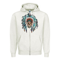 Oatmeal Heather indian headdress with native american skull Zipper Hoodie - RanaPortraitStore