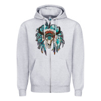 Heather Grey indian headdress with bull skull Zipper Hoodie - RanaPortraitStore