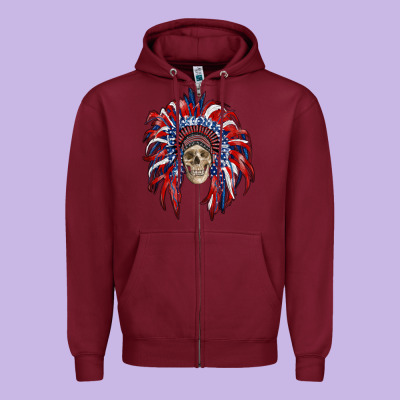 American Flag Indian Headdress With Skull Zipper Hoodie Designed By Ranaportraitstore